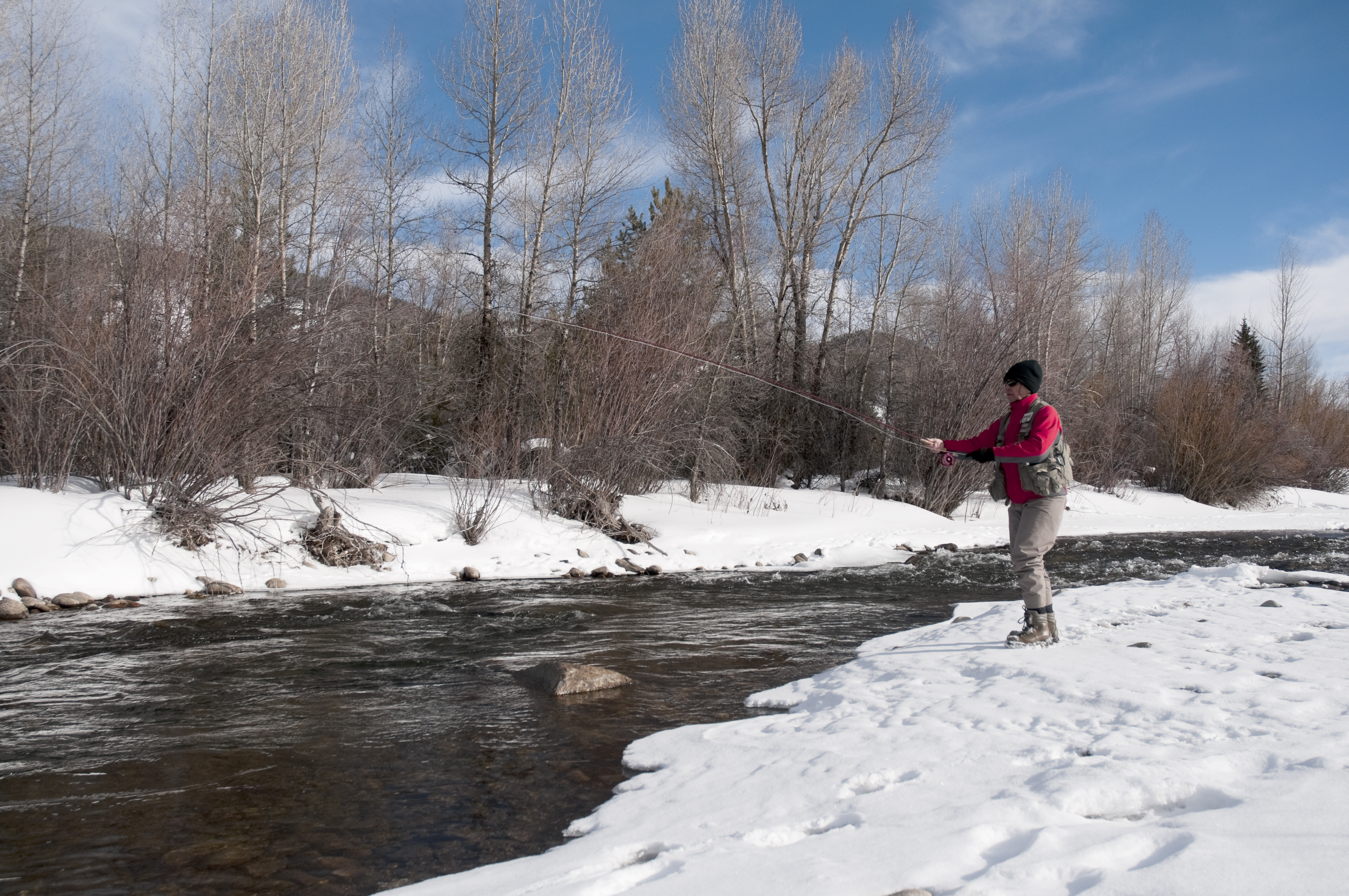A person wearing winter gear fly-fishes in a snowy riverside landscape, surrounded by bare trees and a flowing stream under a bright blue sky.