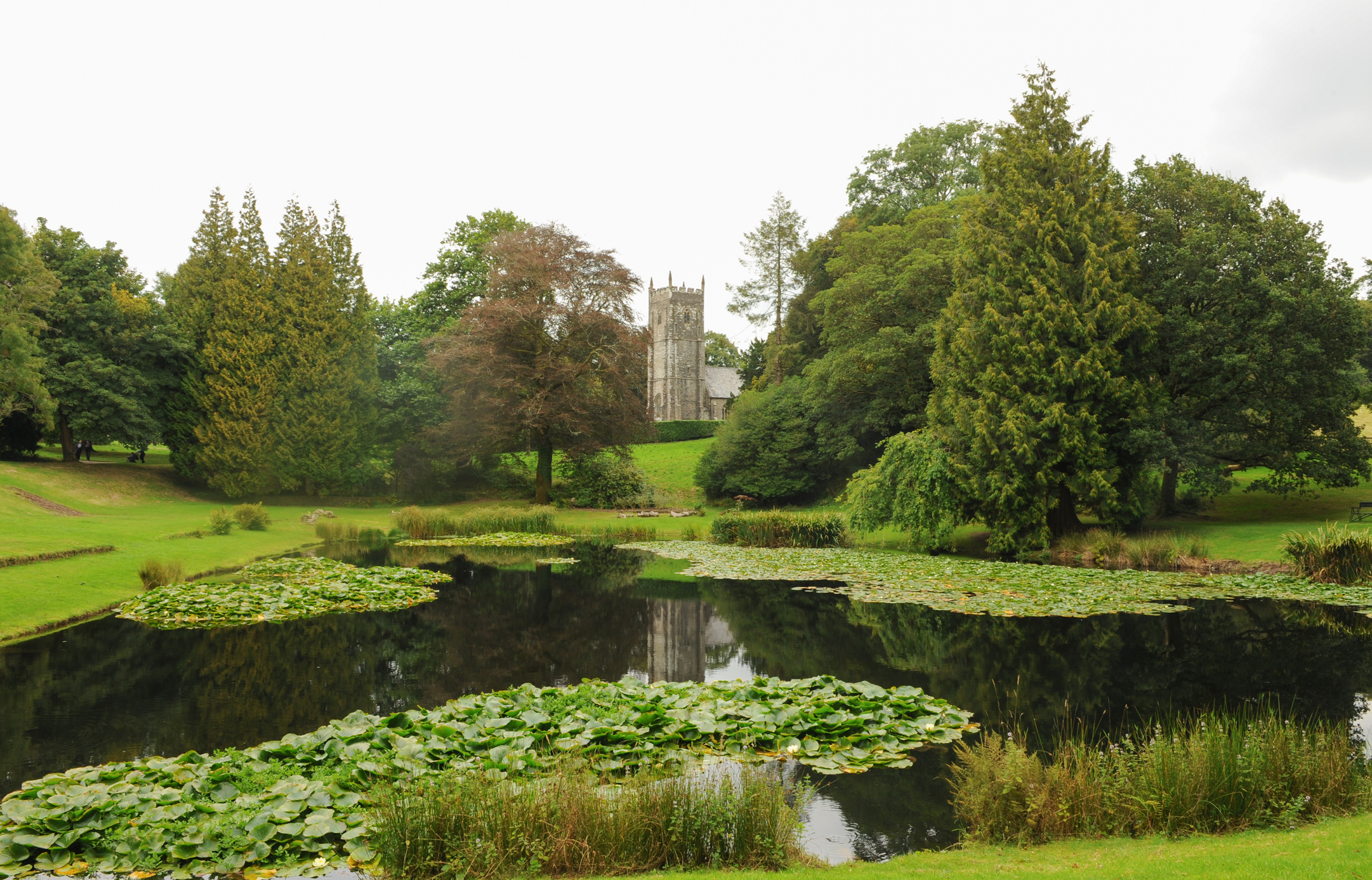 St. James&rsquo; Church stands among trees in the grounds of Arlington Court, reflected in a lily-covered pond surrounded by lush green parkland.